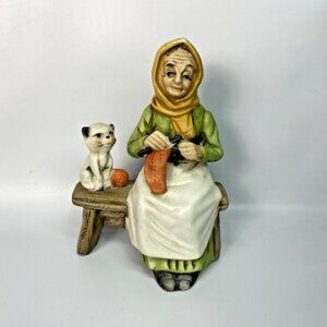 Vintage Porcelain Figurine Woman Knitting with a Cat Kitten Statue 5'